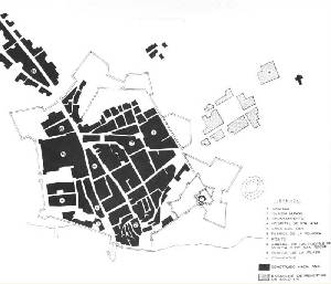 Plano de finales del S. XVI del casco urbano donde se representa los dos muelles