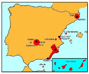 Distribucin del volcanismo reciente (Mioceno-Cuaternario) en Espaa