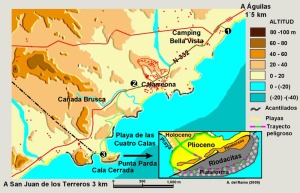 Figura 1. Situacin, accesos, itinerarios, paradas y esquema geolgico-geomorfolgico de la zona de La Carolina