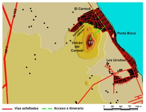 Figura 1. Situacin, accesos e itinerarios del volcn del Carmol 