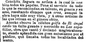 Alabanzas a Concha Segura en El Globo tras la representacin de Las Zapatillas (1897)