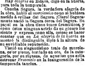 Alabanzas a Concha Segura tras la representacin de La Alegra de la Huerta (1900)