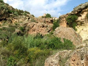 Rocas marrones, grandes bloques de piedras cados, vegetacin, esconden tras de s la cueva de la Mauta. Sobre ellos el molino Nuevo 