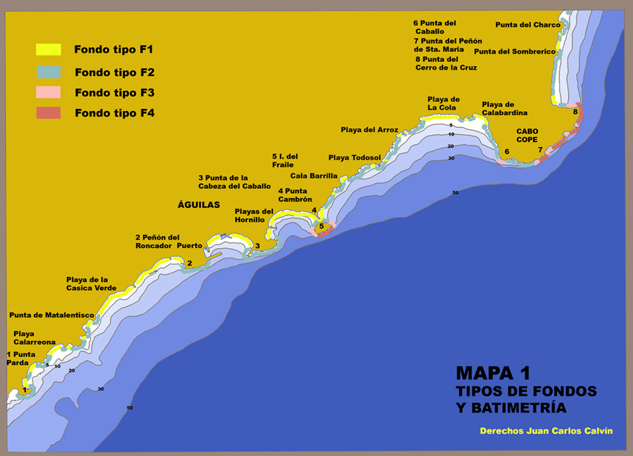 Mapa 1. Tipos de fondos y batimetra