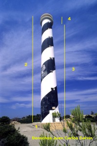 Figura 1. Los faros, mediante su forma y el color y figuras con los que se pintan sus paredes, constituyen tambin importantes seales durante el da. 1 base, 2 torre, 3 fuste y 4 torren