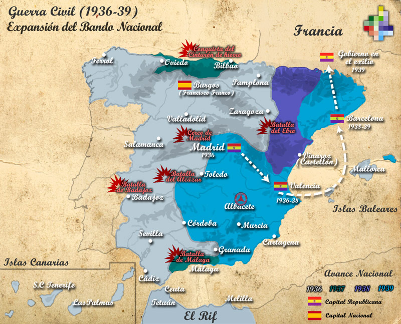 Mapa de la Guerra Civil en Espaa entre 1936 y 1939