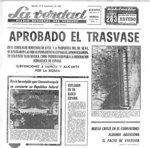 Portada del diario La Verdad que conmemora la aprobacin del trasvase Tajo-Segura en 1968