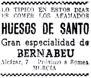 Anuncio de Huesos de Santo en el peridico La Verdad de 31 de octubre de 1946 