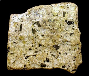 Andesita calco-alcalina de Carboneras (Almera). Obsrvense los fenocristales de hornblenda (en color negro) [andesita]