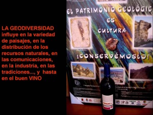 Cartel de la V reunin de la Comisin de Patrimonio Geolgico de la Sociedad Geolgica de Espaa. Celebrada en Molina de Segura en 2001. La etiqueta de la botella de vino contiene un corte geolgico