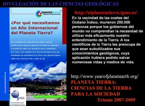 Cartel de la UNESCO y la IUGS que se realiz para promocionar el Ao internacional del Planeta Tierra. Un objetivo era difundir las Ciencias Geolgicas 
