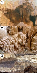 Detalle de las formas crsticas de precipitacin; 1- medusa y columnas, 2- colada y estalagmitas, 3- Detalle de la falsa gata que origina las morfologas
