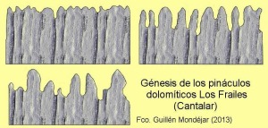 Formacin de los pinculos dolomticos ''Los Frailes del Cantalar''. Explicacin de las causas de su origen en el texto.