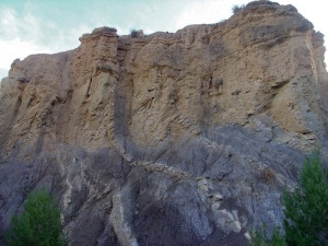 Discordancia entre las margas y margocalizas cretcicas (capas plegadas y verticalizadas) y los sedimentos detrticos cuaternarios de una terraza de la rambla (capas horizontales) 