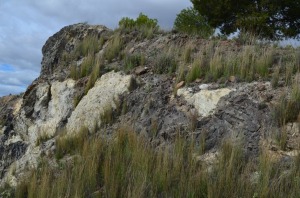 Vista de la cima de la ladera norte del volcn. Se observan una colada volcnica que forma la cima y que engloba restos de piroclastos, color claro