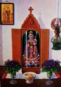 Virgen con urna y violetas