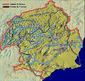 Mapa sobre los lmites territoriales y el curso fluvial de la Cuenca Hidrogrfica del Segura