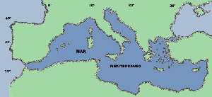 Figura 3. Forma alargada y estrecha del Mar Mediterrneo con la posicin de los meridianos y paralelos que lo atraviesan y delimitan
