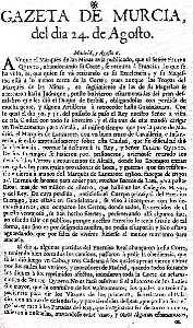 Gazeta de Murcia 24 de agosto de 1706. Pgina 1
