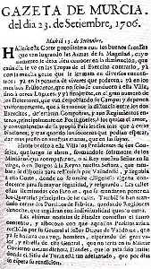 Gazeta de Murcia 23 de septiembre de 1706. Pgina 1