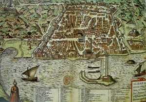 Mapa de Argel, base de la piratera berberisca. Dibujo de Hoefnagel. Biblioteca Nacional. Madrid.