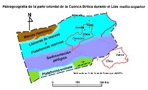 Figura 6: Reconstruccin paleogeogrfica durante el Las medio-superior (Jursico inferior) de las Zonas Externas de la Cordillera Btica, basada en Azema, J. et al. (1979).