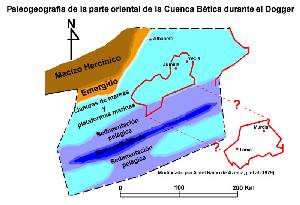 Figura 8: Reconstruccin paleogeogrfica durante el Dooger (Jursico medio) de las Zonas Externas de la Cordillera Btica, basada en Azema, J. et al. (1979).