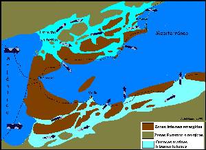 Figura 4: Reconstruccin del Estrecho Norbtico. En color marrn las Zonas Internas emergidas, en color verdoso las Zonas Externas emergidas, en azul claro las cuencas marinas intramontaosas
