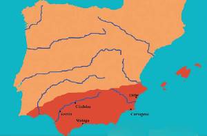 La provincia bizantina de Spania (en rojo)