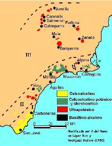 Figura 3: Localizacin de los afloramientos volcnicos terciarios y cuaternarios del sureste de Espaa