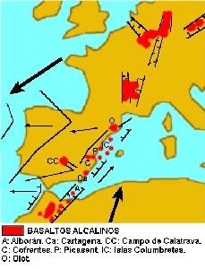 Figura 1: Los volcanes baslticos alcalinos de Cartagena se relacionan con una megafalla que se extiende desde Marruecos al norte de Europa