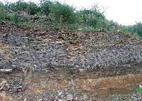 Foto 2: Detalle de una colada basltica sobre cineritas y suelos pliocuaternarios, situada al sur de la Manchica (Cartagena)