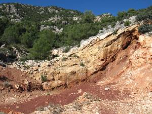 Yacimiento de bauxitas del Cejo de la Grieta. En rojo las bauxitas, en tonos claros las calizas recristalizadas del Jursico inferior