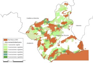 Superposicin de zonas de alta conectividad delimitadas por asociaciones vegetales