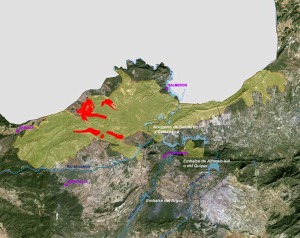 Zona del incendio (amarillo) y zona donde se ha llevado a cabo el proyecto REPLANT (rojo)