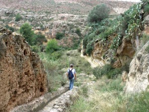 El borde del camino que parte del molino Nuevo hacia la cueva de la Mauta. Contiene una acequia contorneada por travertinos por el discurrir del agua con el paso del tiempo 