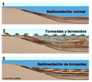 Interpretacin de la historia geolgica de la zona I: Sedimentacin normal en una plataforma marina (1). Existencia de grandes tormentas que provocan la erosin de la costa (2)