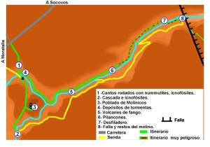 Itinerario y situacin de los puntos ms interesantes del Estrecho de Bolvonegro. Se recomienda no realizar la parte marcada como peligrosa si no va personal con experiencia