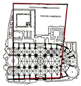Restos arqueolgicos descubiertos en la Plaza de la Cruz y el supuesto permetro de la mezquita aljama de Murcia, sobrepuestos a la planta de la Catedral