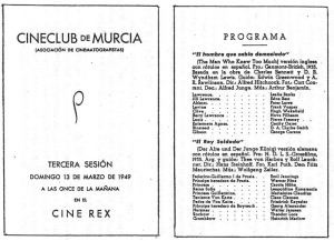 Programa de la tercera sesion del cine-club de Murcia. 13 de Marzo de 1949