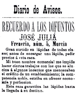 Anuncio de lpidas en Diario de Murcia de 1 de octubre de 1894 [Todos Los Santos]