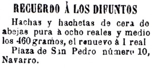 Anuncio de 'hachas y hachetas de cera' en Diario de Murcia de 15 de octubre de 1898 