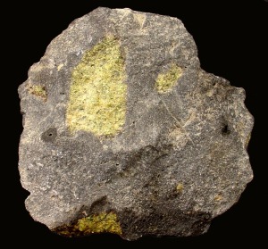 Basalto del Cabezo Negro de Tallante con xenolitos de lherzolita (peridotita rica en olivino y ortopiroxenos) 