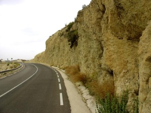 El talud de la carretera corta el ncleo del arrecife 3. A la derecha dos planos de falla de salto en direccin que afectan al arrecife 