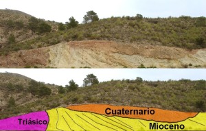 Corte de la carretera donde se observan a la izquierda materiales trisicos que presentan fenmenos de diapirismo, que pliegan los sedimentos deltaicos terciarios, y arriba un paleocanal cuaternario