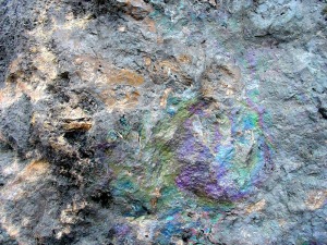 Fractura tapizada por goethita irisada, que nos indica la posible existencia de mineralizaciones de hierro en la zona 