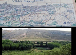 Muchos pueblos de Espaa promocionan juntos sus patrimonios histrico y geolgico. Cartel de cermica de Sepulveda, a la derecha pone pliegue en rodilla. Abajo el pliegue 