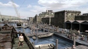 Recreacin del puerto de Qart-Hadast en el que se aprecia parte de la imponente muralla de la ciudad 