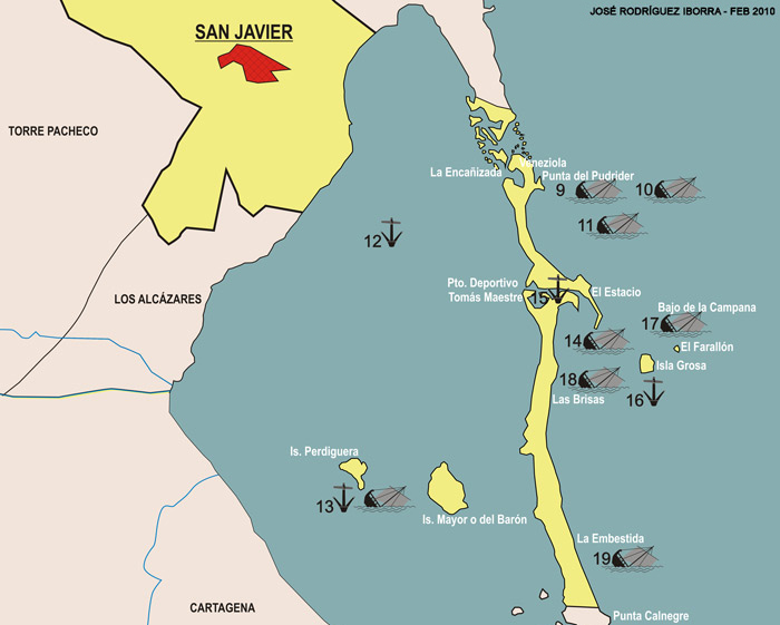 Mapa de yacimientos subacuticos de San Javier