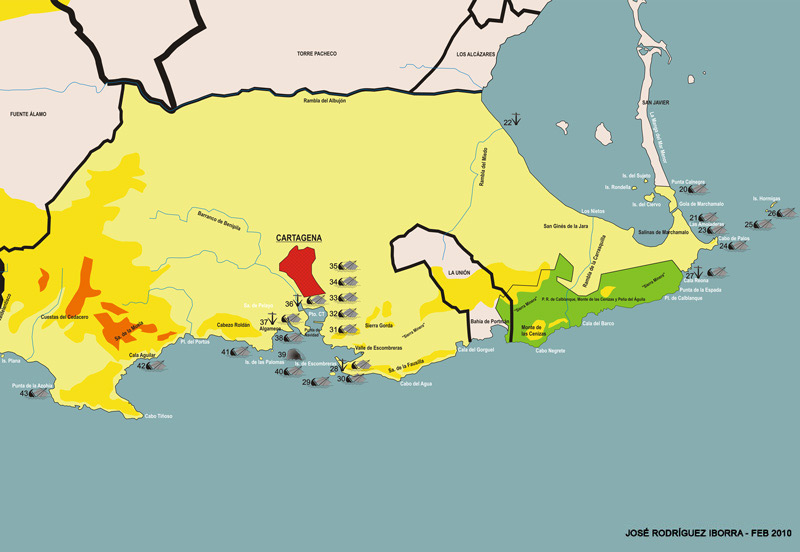 Mapa de yacimientos subacuticos de Cartagena